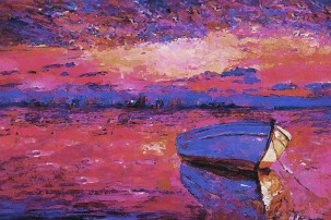 Картина морски пейзаж "Виолетово море" - лодка във водата