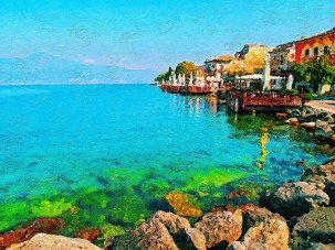 Kартина морски пейзаж "Градче край брега"